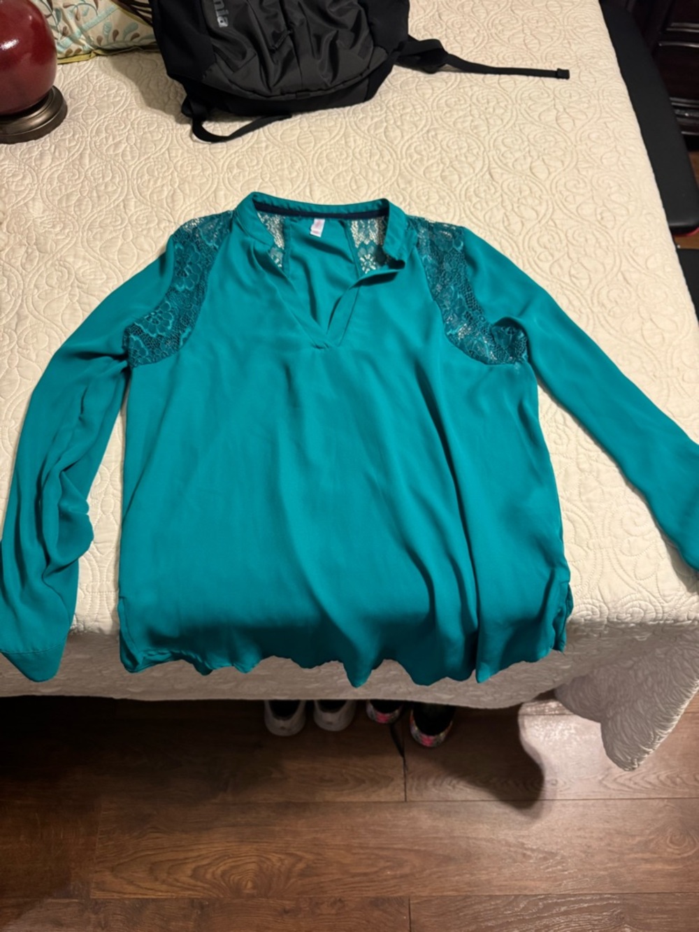 Xhilaration Teal Lace-Shoulder V-Neck Blouse
